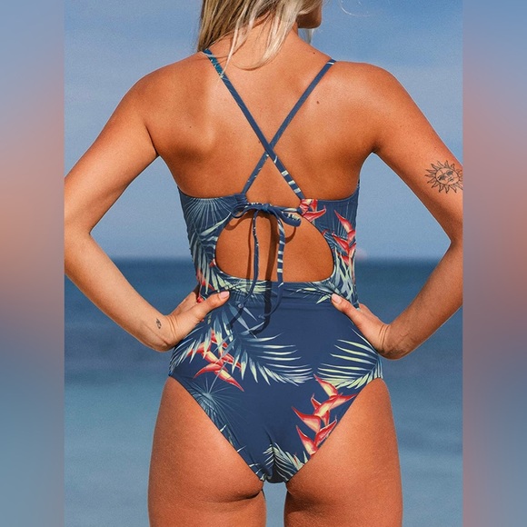 Teal Blue Bird Of Paradise Tropic Floral One Piece Swimsuit SIZE L Side Ruching - Picture 3 of 6